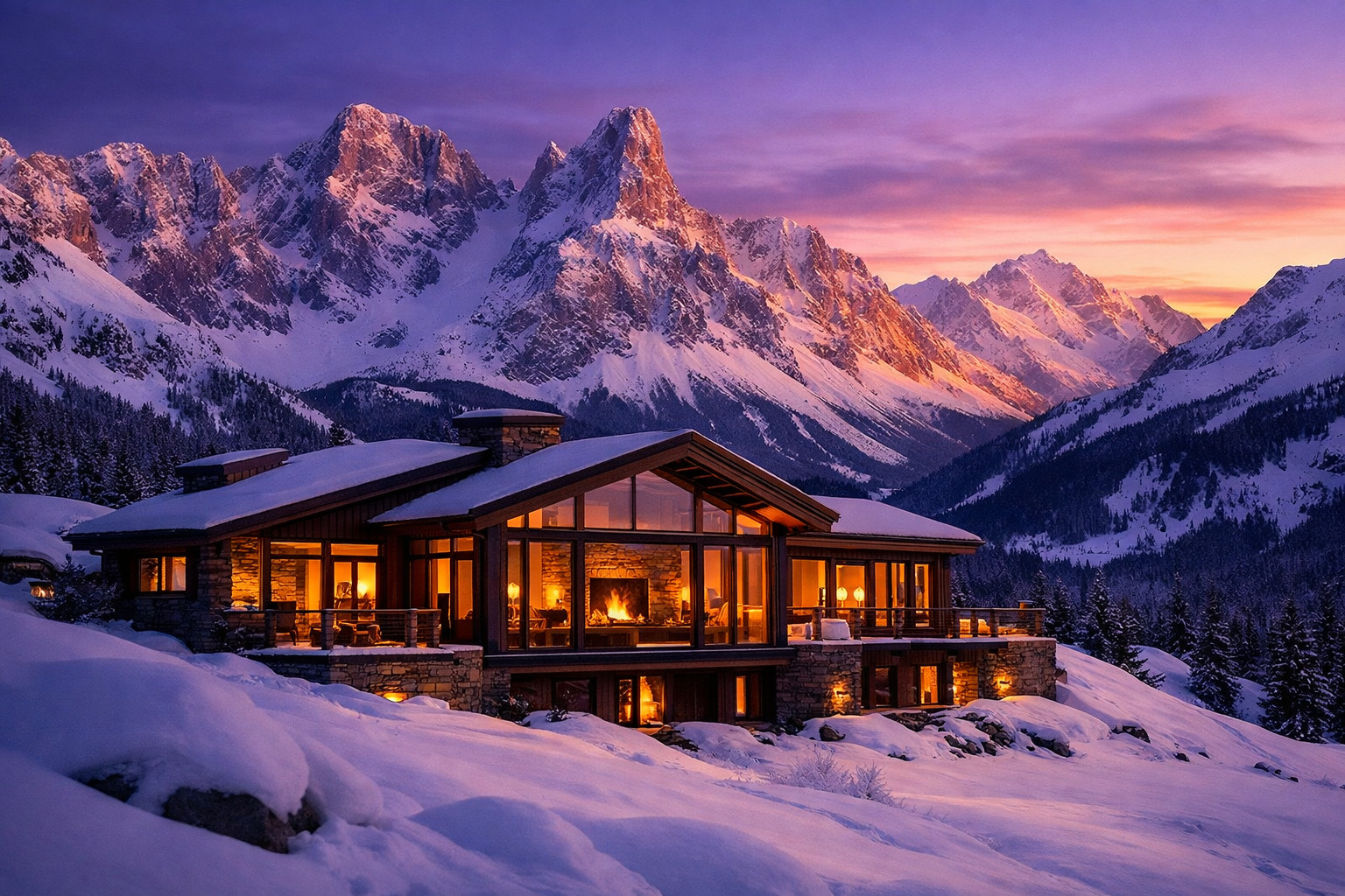 Private mountain lodge at night
